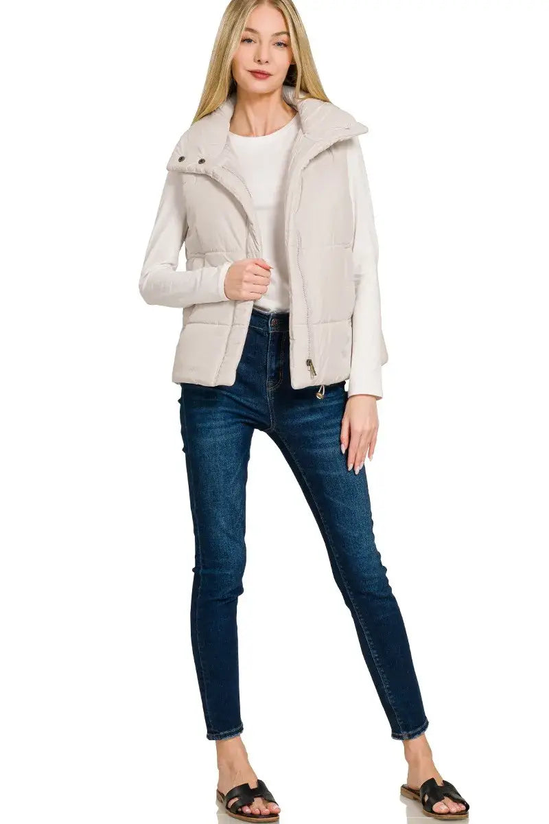Zenana High Neck Zip-Up Vest Coat - Trendsi - Flyclothing LLC