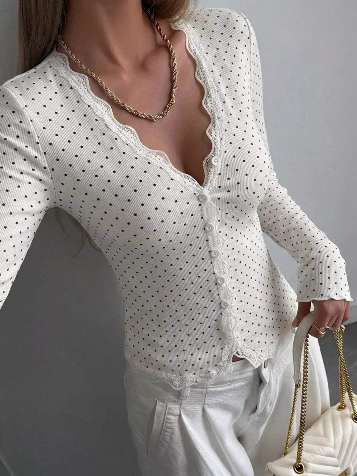 Lace Trim V-Neck Ribbed Long Sleeve Blouse - Trendsi - Flyclothing LLC