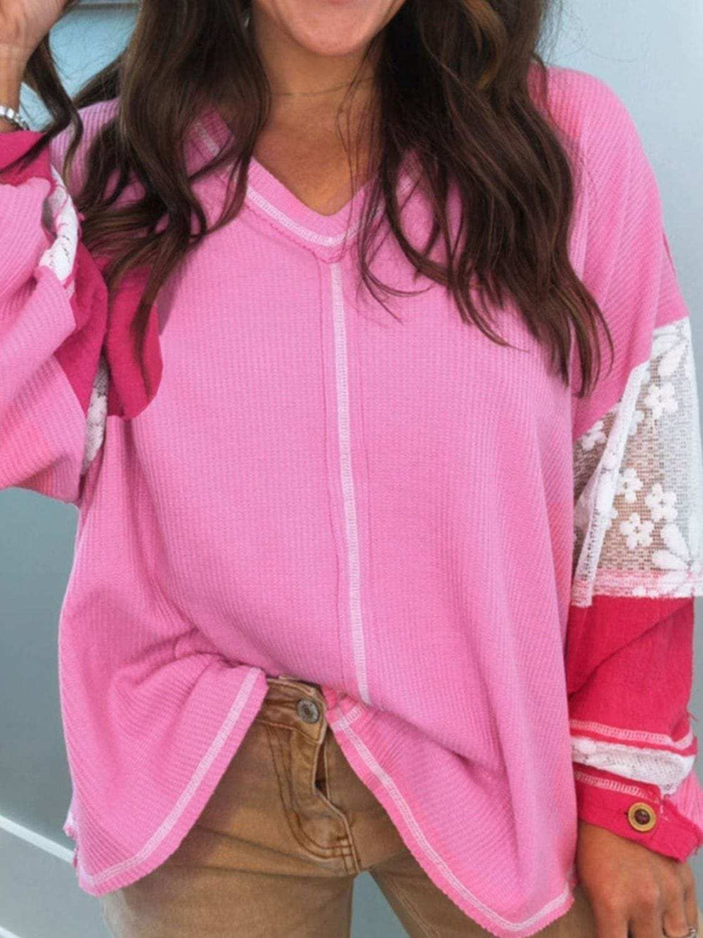 Lace Patchwork Sleeve Stitching V Neck Top - Trendsi - Flyclothing LLC