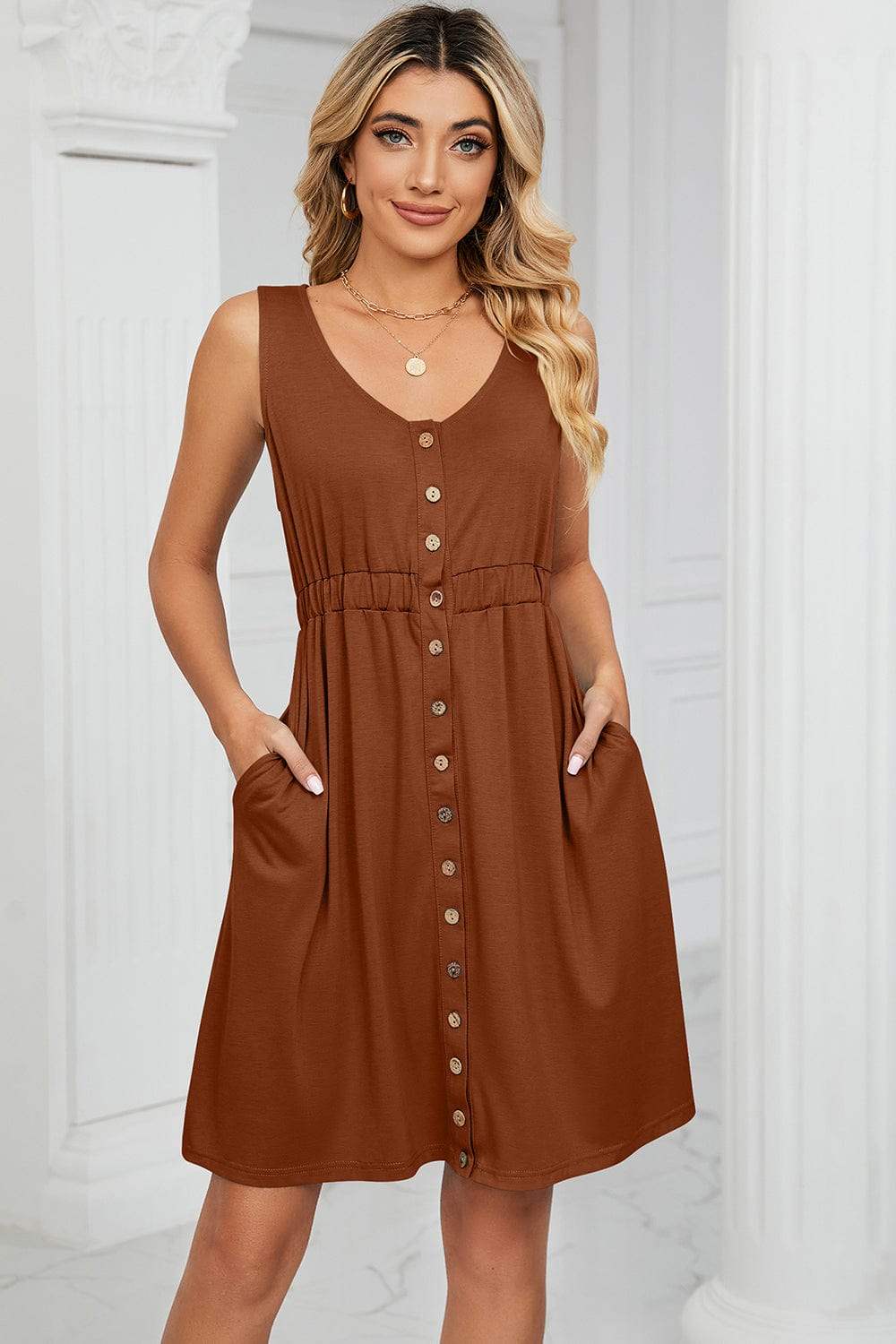 Buttoned Wide Strap Mini Dress - Trendsi - Flyclothing LLC