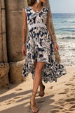 High-Low Printed V-Neck Cap Sleeve Midi Dress - Trendsi
