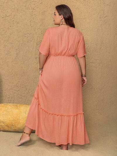 Plus Size Frill Embroidered V-Neck Half Sleeve Maxi Dress - Trendsi - Flyclothing LLC