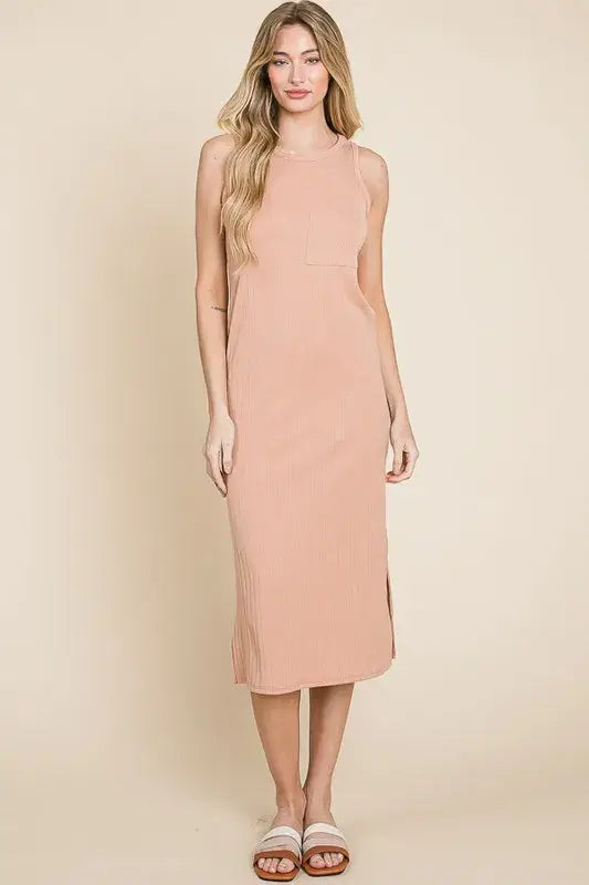BOMBOM Ribbed Knit Sleeveless Midi Dress - Trendsi - Flyclothing LLC