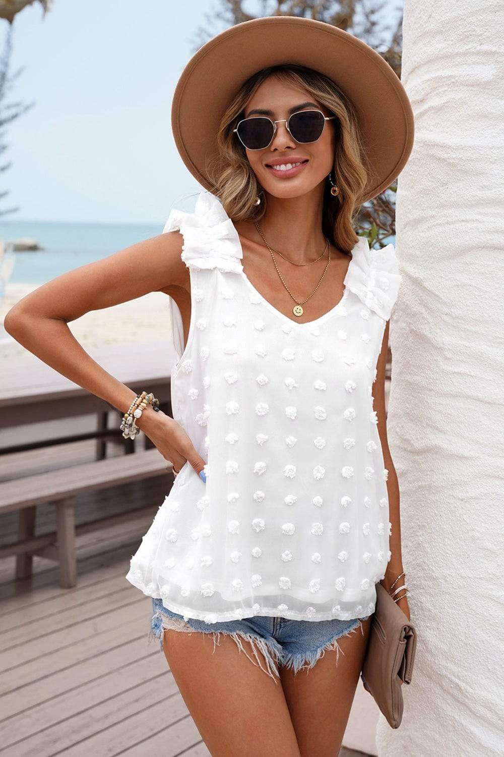 Full Size Swiss Dot V-Neck Tank - Trendsi - Flyclothing LLC
