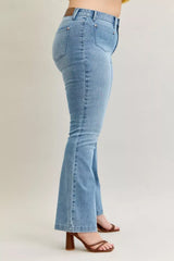Judy Blue Full Size Mid Rise Bootcut Jeans with Contrast Wash & Front Patch Pockets Plus Size - Trendsi - Flyclothing LLC