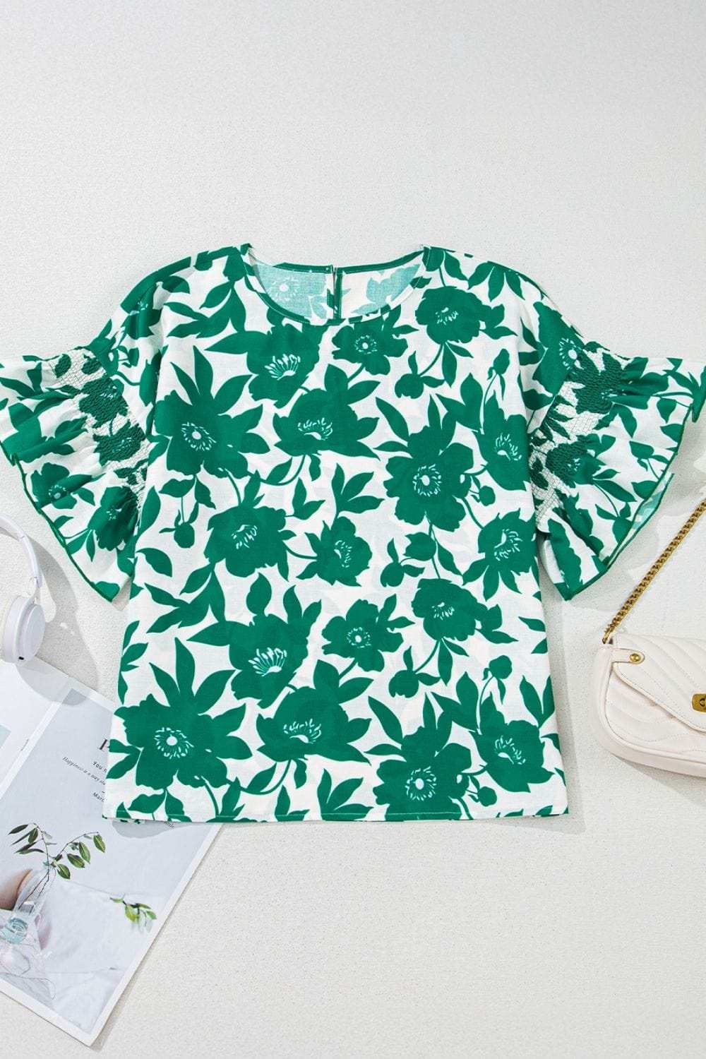 Floral Print Ruffled Short Sleeve Round Neck Loose Blouse - Trendsi - Flyclothing LLC