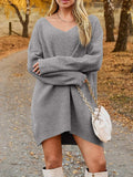 V-Neck Dropped Shoulder Sweater Dress - Trendsi - Flyclothing LLC