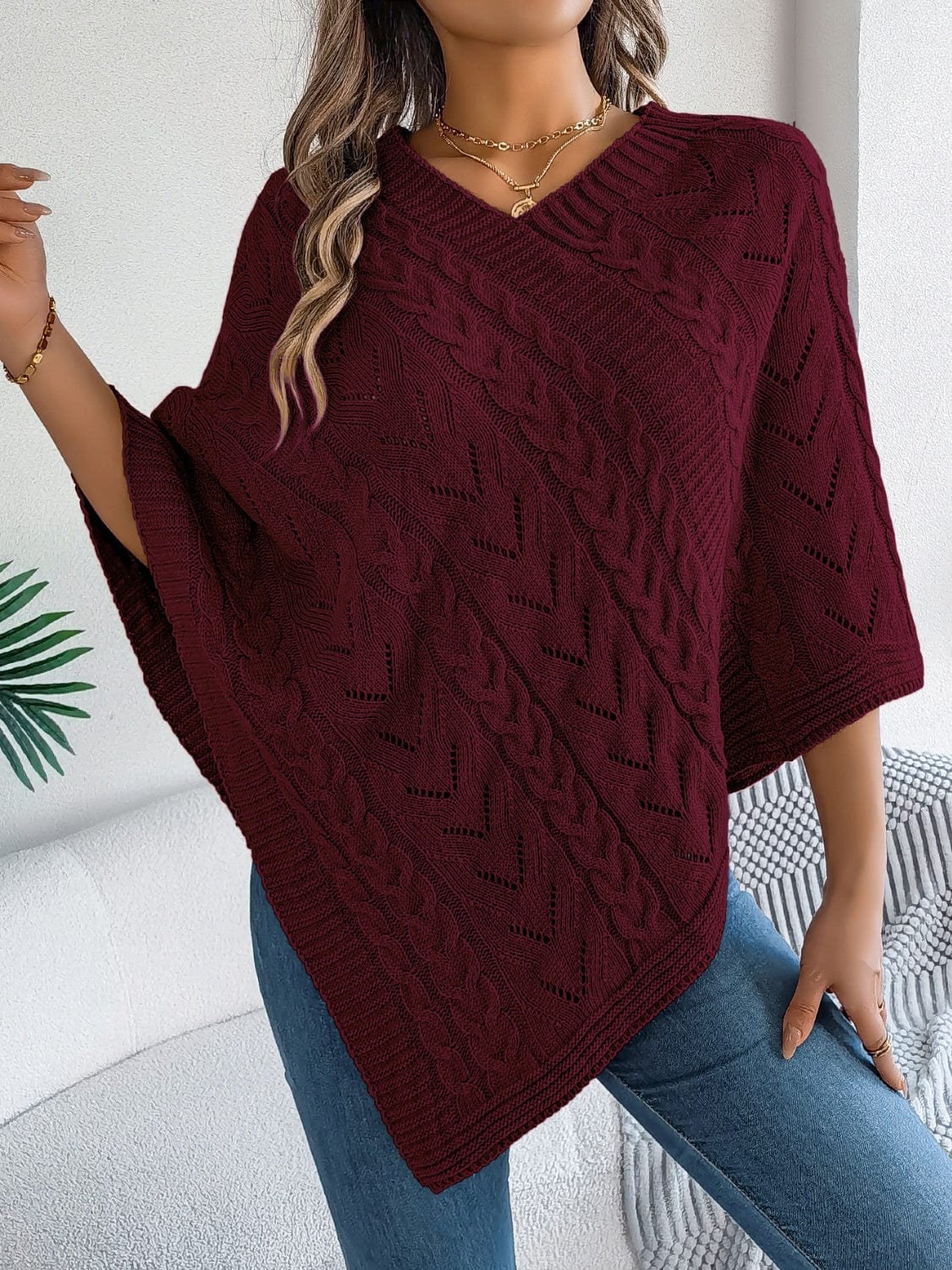Cable-Knit Openwork Three-Quarter Sleeve Sweater - Trendsi