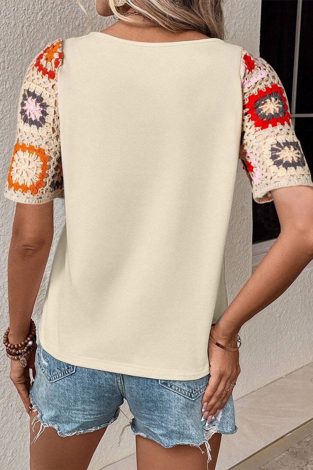 Geometric Round Neck Short Sleeve Blouse - Trendsi - Flyclothing LLC