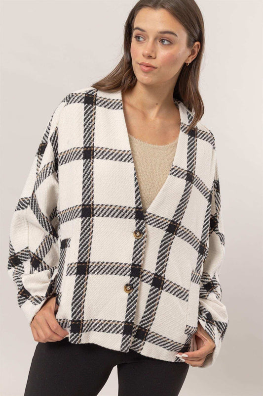 HYFVE Plaid Long Sleeve Jacket with Side Slit Pockets - Trendsi - Flyclothing LLC
