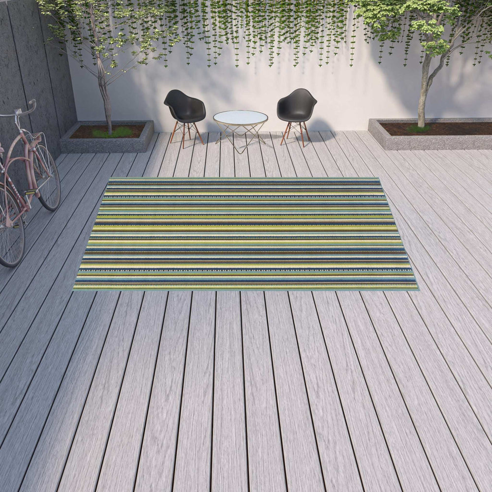 9' X 13' Blue and Green Striped Stain Resistant Indoor Outdoor Area Rug - Homeroots - Flyclothing LLC