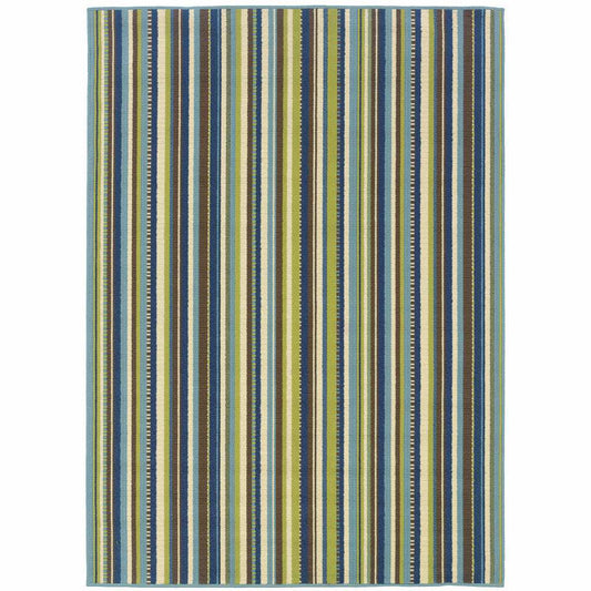 9' X 13' Blue and Green Striped Stain Resistant Indoor Outdoor Area Rug - Homeroots - Flyclothing LLC