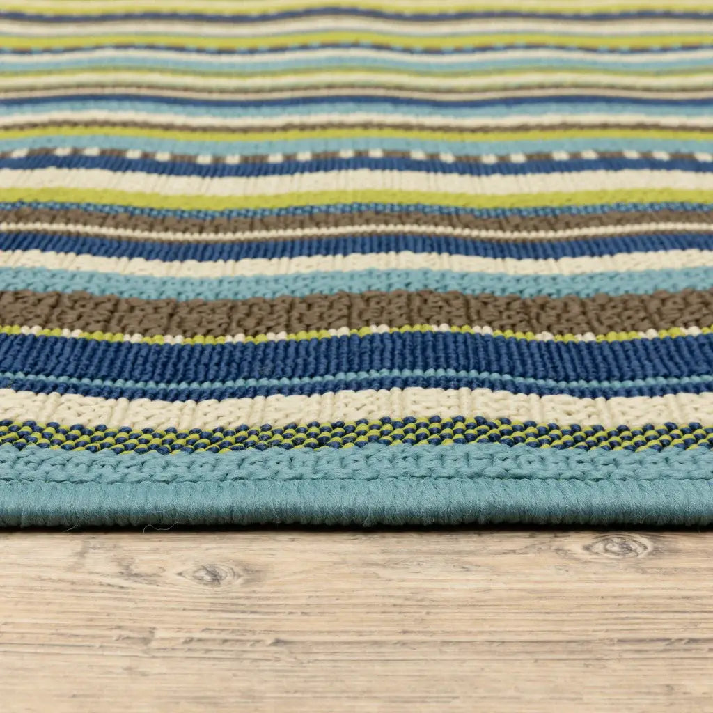 9' X 13' Blue and Green Striped Stain Resistant Indoor Outdoor Area Rug - Homeroots - Flyclothing LLC