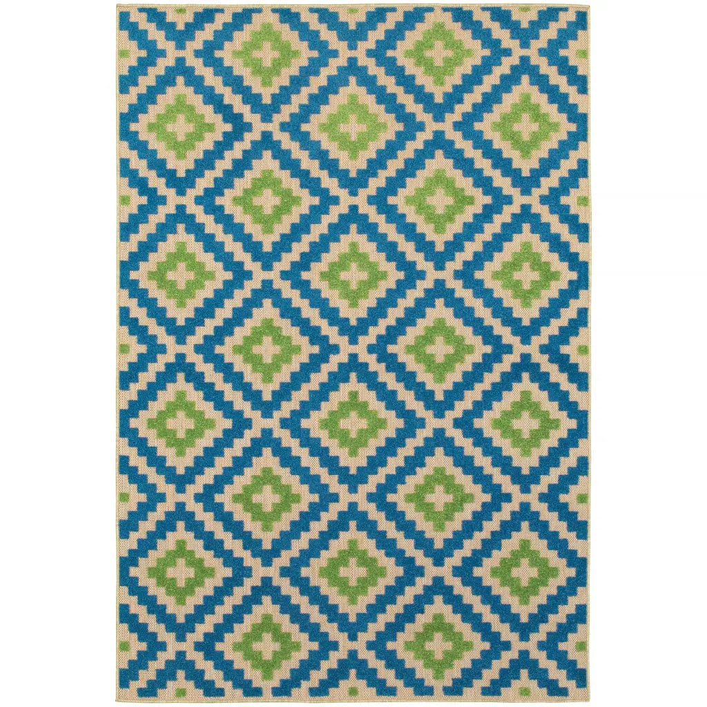 7' X 10' Blue and Beige Geometric Stain Resistant Indoor Outdoor Area Rug - Homeroots - Flyclothing LLC