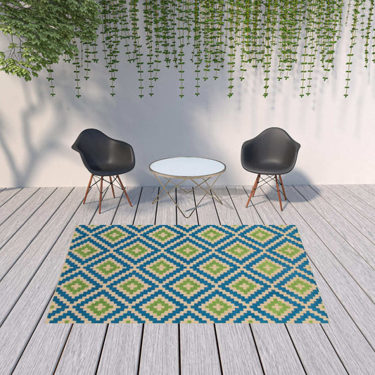 7' X 10' Blue and Beige Geometric Stain Resistant Indoor Outdoor Area Rug - Homeroots - Flyclothing LLC