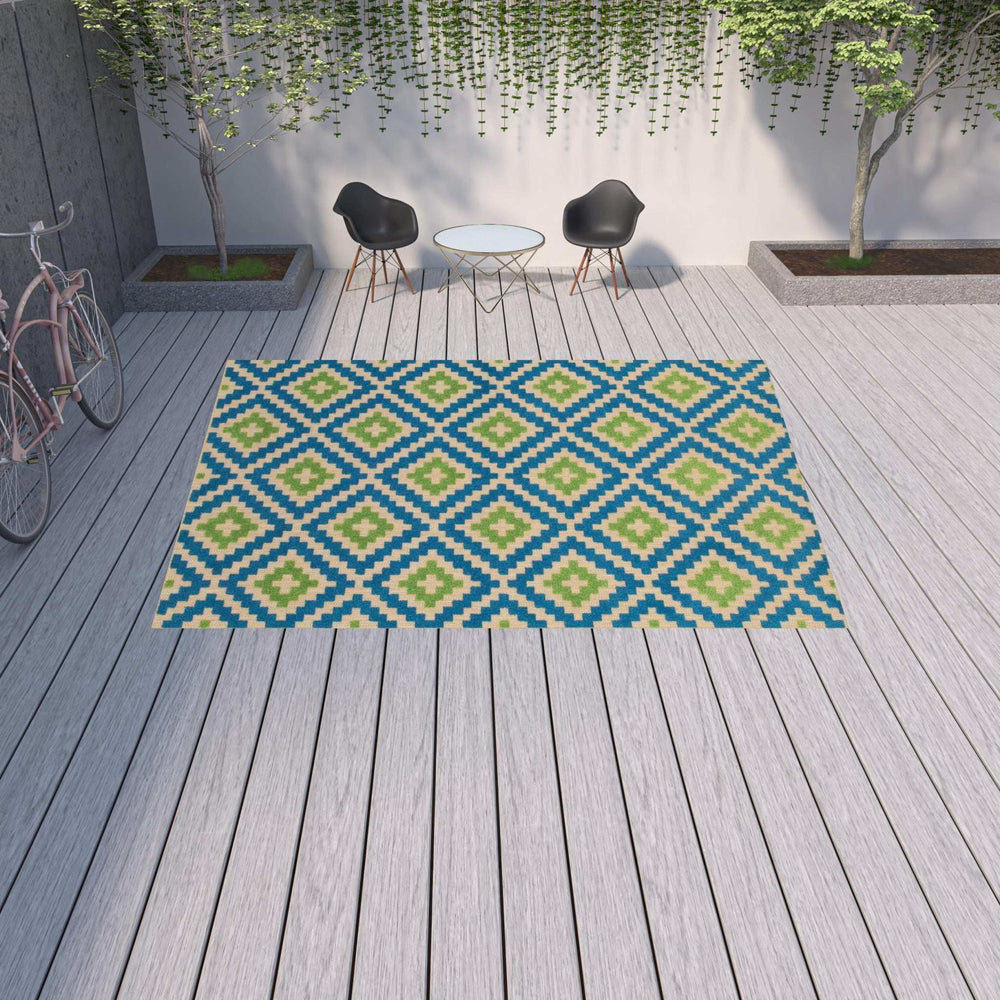 10' X 13' Blue and Beige Geometric Stain Resistant Indoor Outdoor Area Rug - Homeroots - Flyclothing LLC