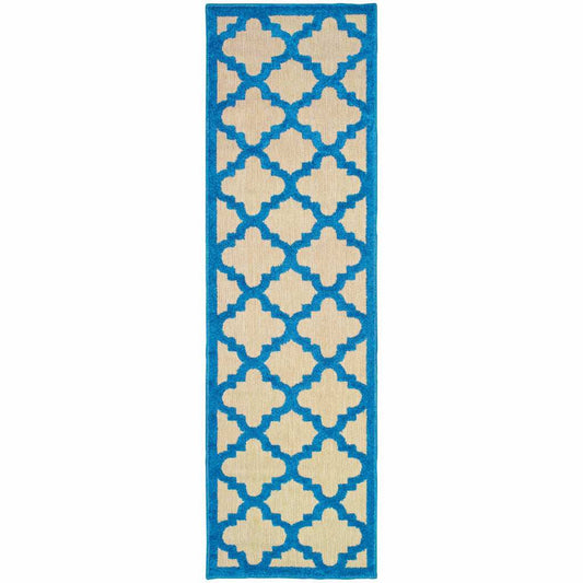 2' X 8' Blue and Beige Geometric Stain Resistant Indoor Outdoor Area Rug - Homeroots - Flyclothing LLC