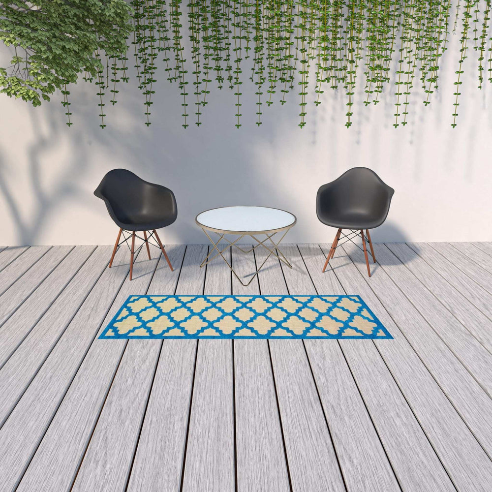 2' X 8' Blue and Beige Geometric Stain Resistant Indoor Outdoor Area Rug - Homeroots - Flyclothing LLC