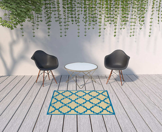 4' X 5' Blue and Beige Geometric Stain Resistant Indoor Outdoor Area Rug - Homeroots - Flyclothing LLC