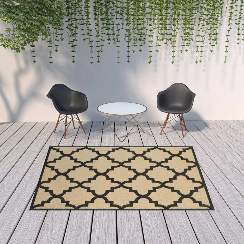 7' X 10' Beige and Black Geometric Stain Resistant Indoor Outdoor Area Rug - Homeroots - Flyclothing LLC