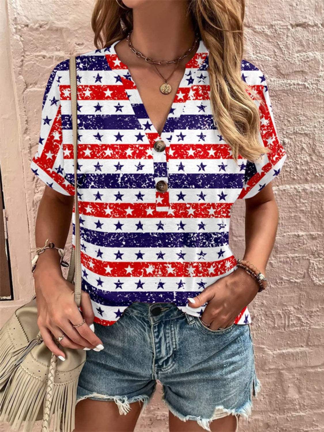 Full Size Printed Notched Short Sleeve Blouse - Trendsi - Flyclothing LLC