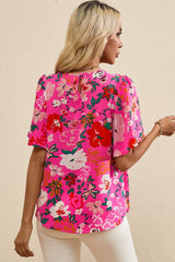 Smocked Printed Round Neck Half Sleeve Blouse - Trendsi - Flyclothing LLC