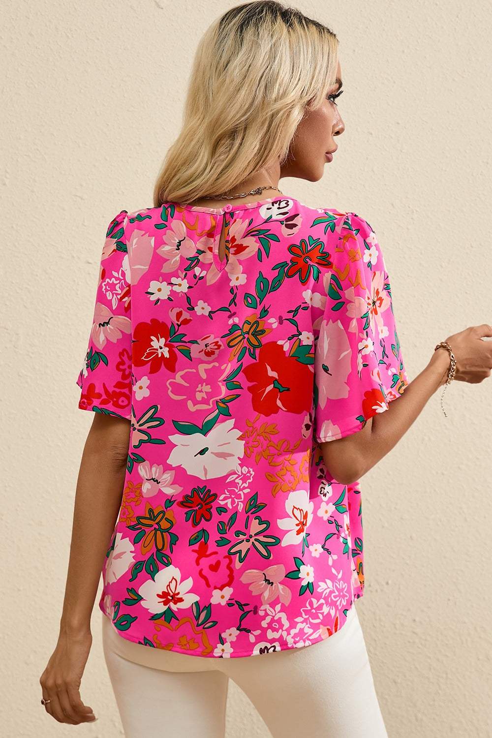 Smocked Printed Round Neck Half Sleeve Blouse - Trendsi - Flyclothing LLC