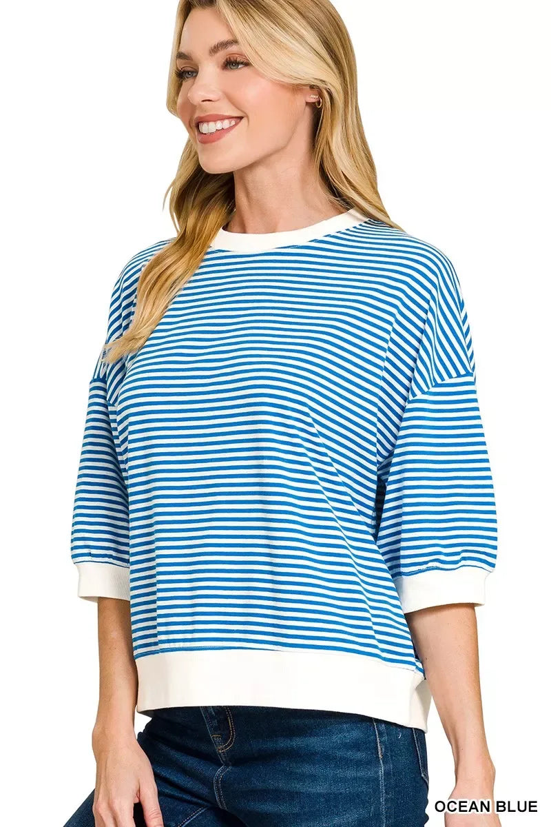 Zenana Striped Contrast Trim Banded Bottom Top - Trendsi - Flyclothing LLC