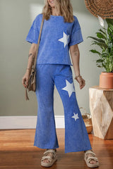 Acid Wash Star Patched Rolled Trim Top and Pants Set - Trendsi - Flyclothing LLC