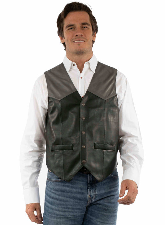 Scully Leather 100% Leather Black W/Grey Snap Front Vest - Scully Leather - Flyclothing LLC