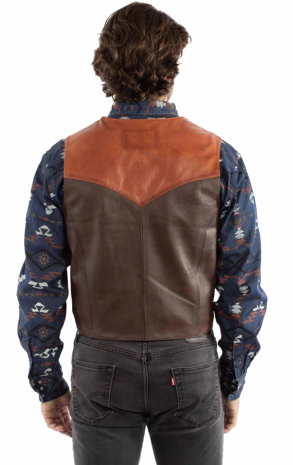 leatherwear mens chocolate w/cognac 100% leather snap front vest - Scully Leather - Flyclothing LLC