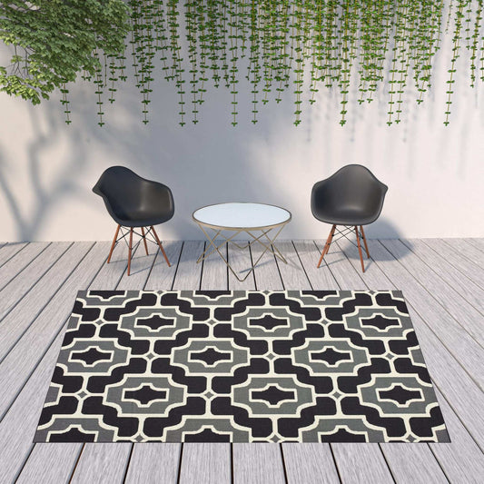 8' X 11' Black and Gray Geometric Stain Resistant Indoor Outdoor Area Rug - Homeroots - Flyclothing LLC