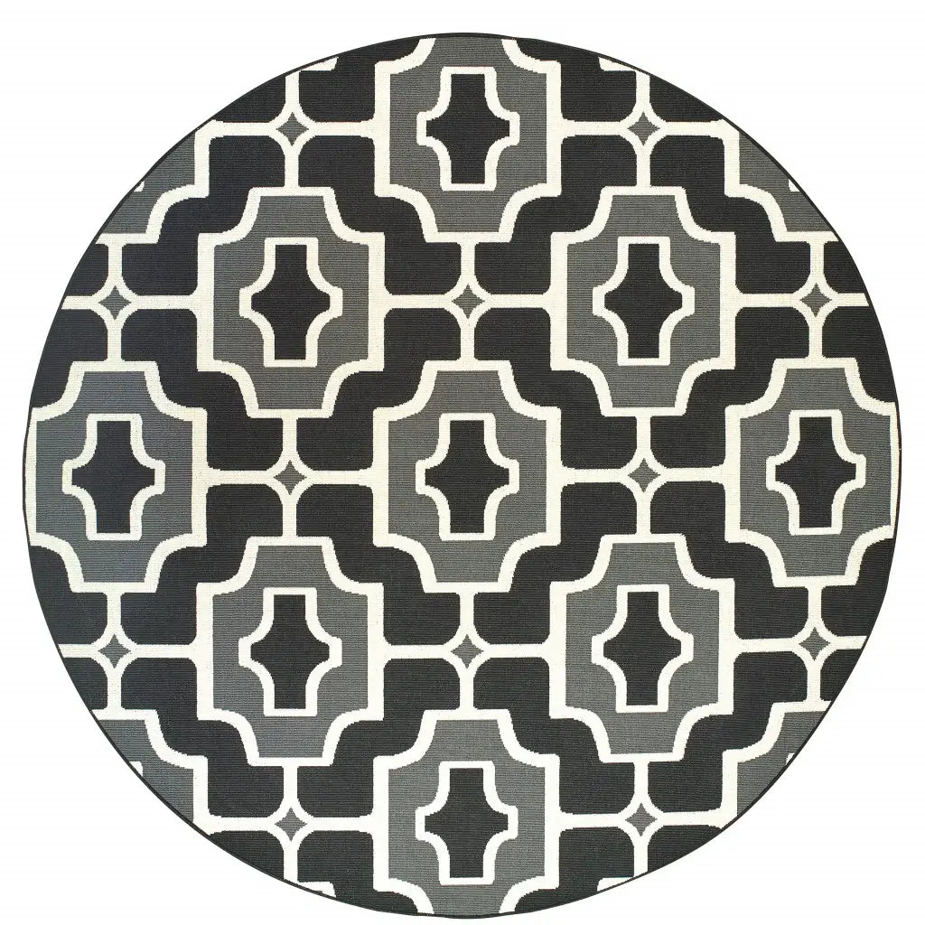 8' X 8' Black and Gray Round Geometric Stain Resistant Indoor Outdoor Area Rug - Homeroots - Flyclothing LLC