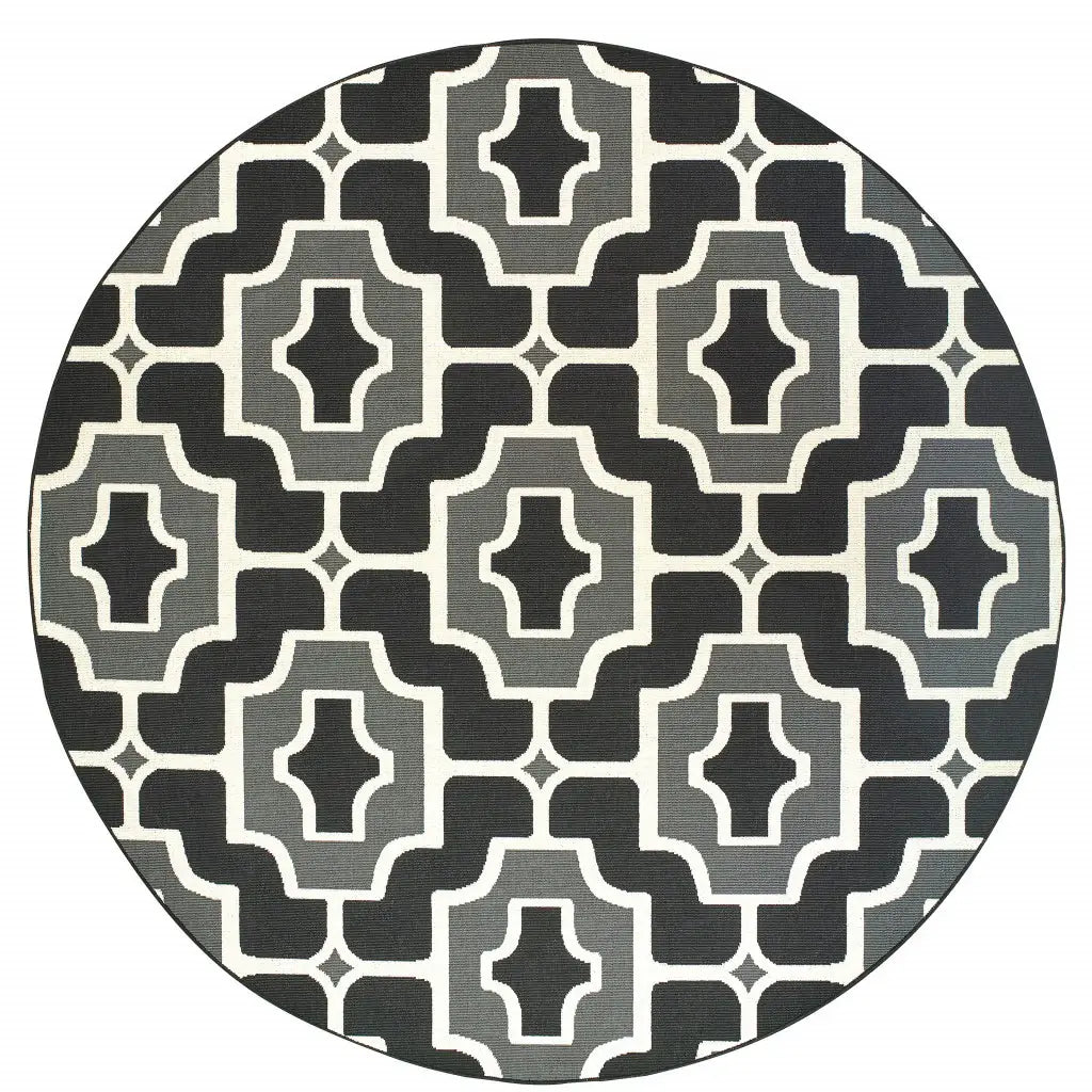 8' X 8' Black and Gray Round Geometric Stain Resistant Indoor Outdoor Area Rug - Homeroots - Flyclothing LLC