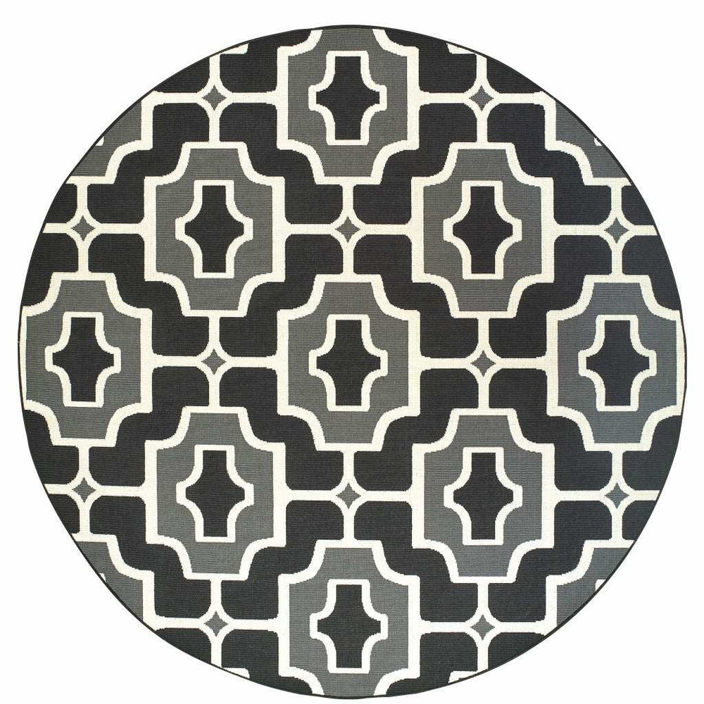 8' X 8' Black and Gray Round Geometric Stain Resistant Indoor Outdoor Area Rug - Homeroots - Flyclothing LLC
