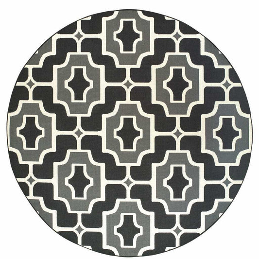 8' X 8' Black and Gray Round Geometric Stain Resistant Indoor Outdoor Area Rug - Homeroots - Flyclothing LLC