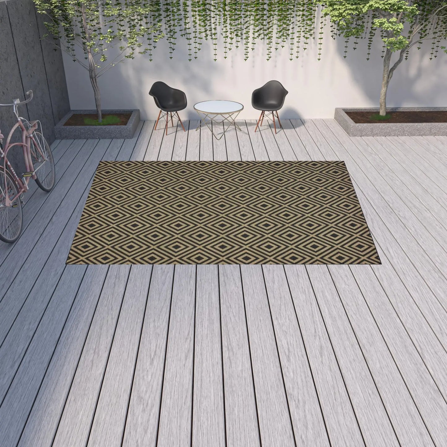 9' X 13' Black and Tan Geometric Stain Resistant Indoor Outdoor Area Rug - Homeroots - Flyclothing LLC