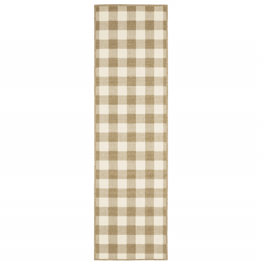 2' X 8' Gray and Ivory Geometric Stain Resistant Indoor Outdoor Area Rug