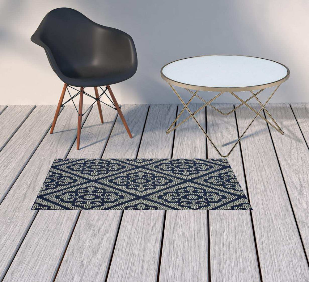 2' X 4' Blue and Ivory Geometric Stain Resistant Indoor Outdoor Area Rug - Homeroots - Flyclothing LLC