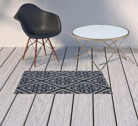 2' X 4' Blue and Ivory Geometric Stain Resistant Indoor Outdoor Area Rug - Homeroots - Flyclothing LLC
