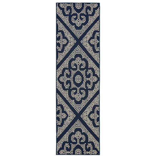 2' X 8' Blue and Ivory Geometric Stain Resistant Indoor Outdoor Area Rug - Homeroots - Flyclothing LLC