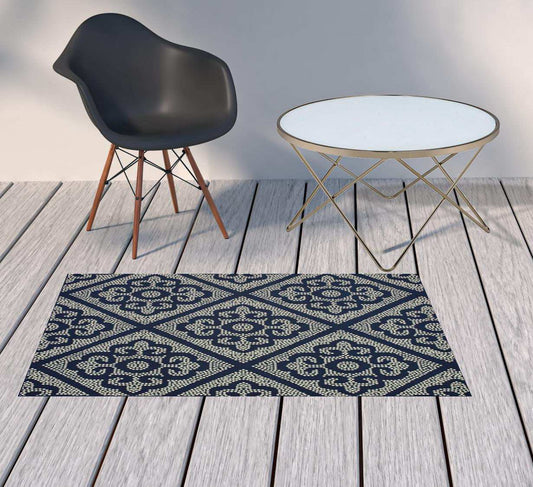 2' X 4' Blue and Ivory Geometric Stain Resistant Indoor Outdoor Area Rug - Homeroots - Flyclothing LLC