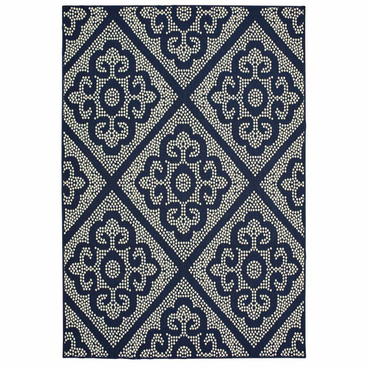 5' X 8' Blue and Ivory Geometric Stain Resistant Indoor Outdoor Area Rug - Homeroots - Flyclothing LLC