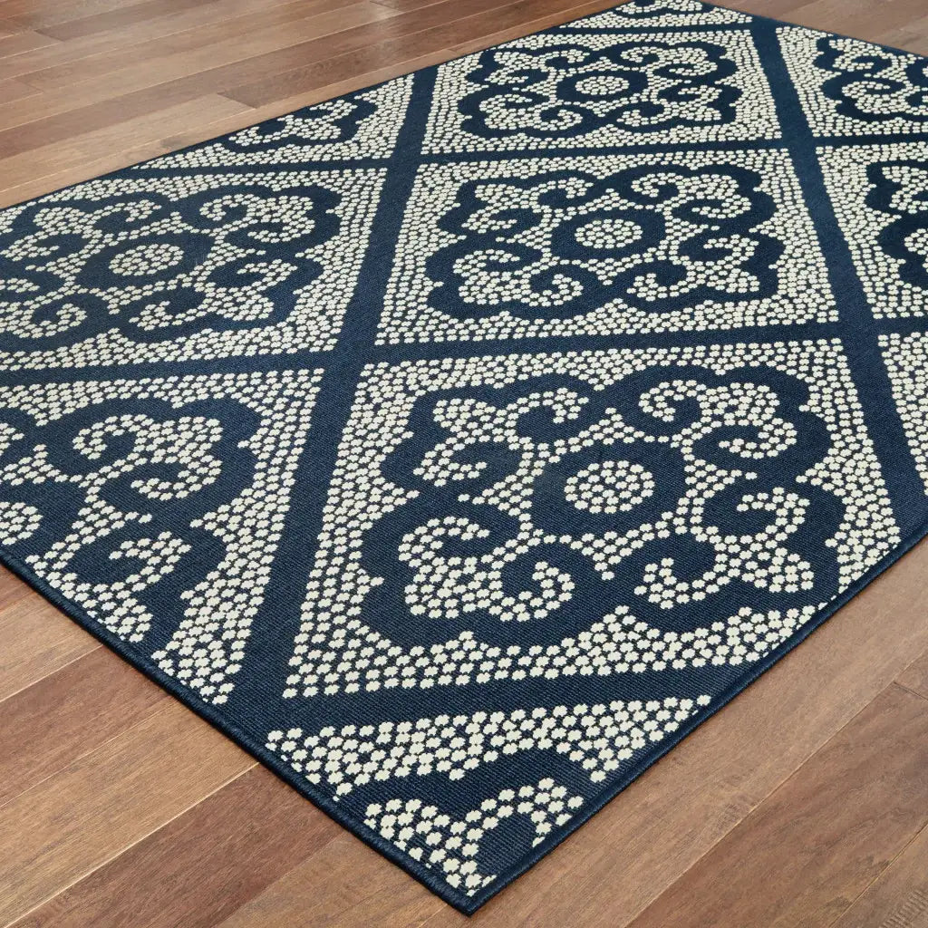 5' X 8' Blue and Ivory Geometric Stain Resistant Indoor Outdoor Area Rug - Homeroots - Flyclothing LLC