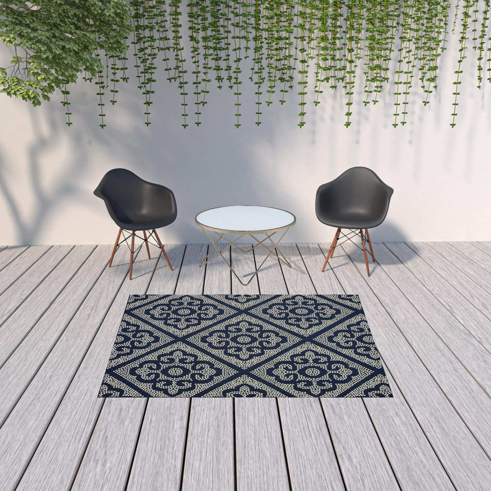 5' X 8' Blue and Ivory Geometric Stain Resistant Indoor Outdoor Area Rug - Homeroots - Flyclothing LLC