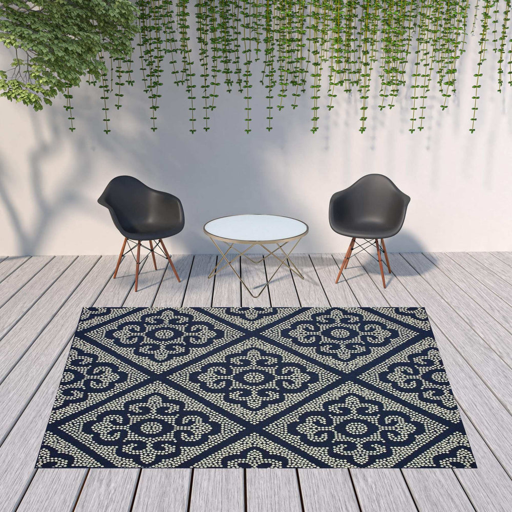 8' X 11' Blue and Ivory Geometric Stain Resistant Indoor Outdoor Area Rug - Homeroots - Flyclothing LLC