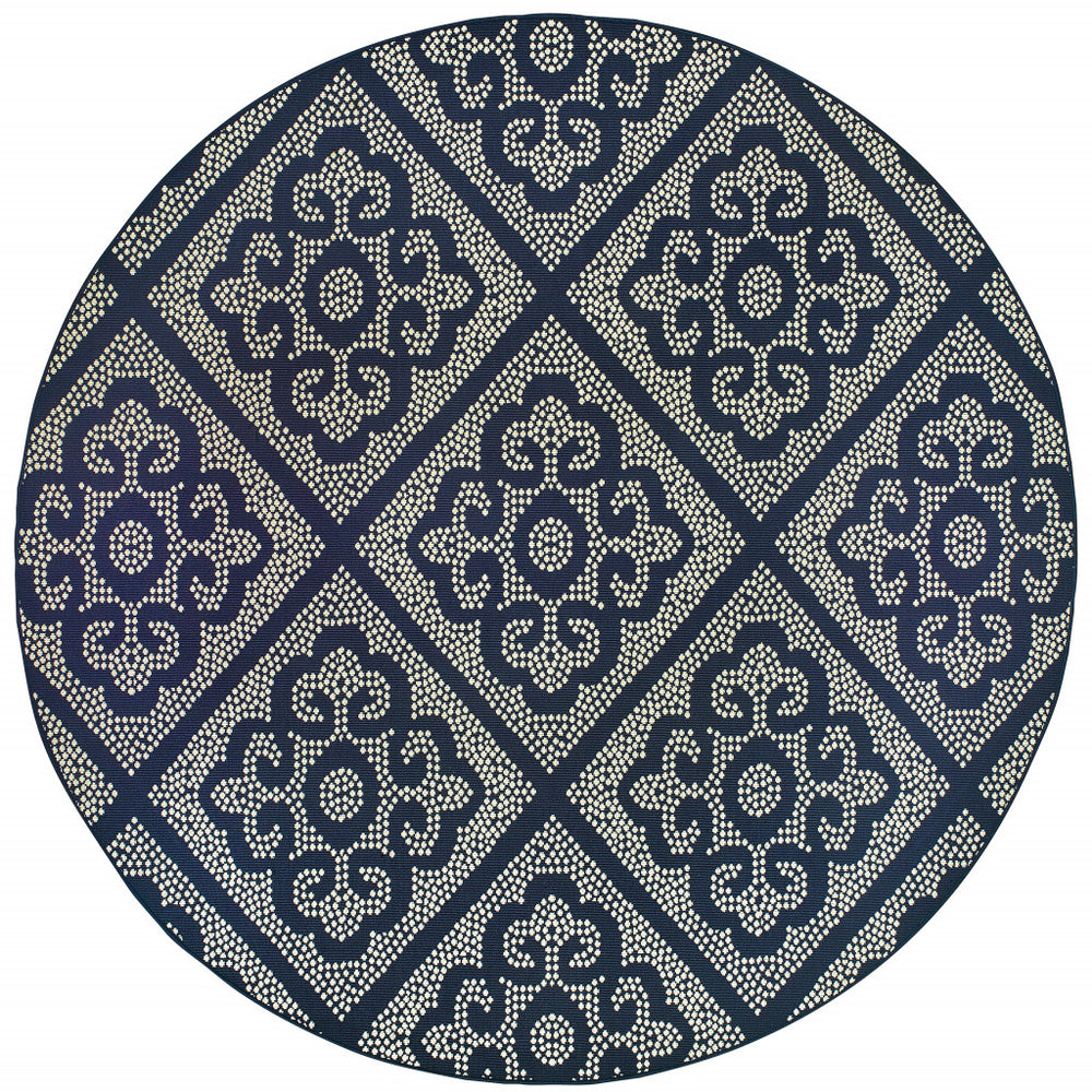 8' X 8' Blue and Ivory Round Geometric Stain Resistant Indoor Outdoor Area Rug - Homeroots