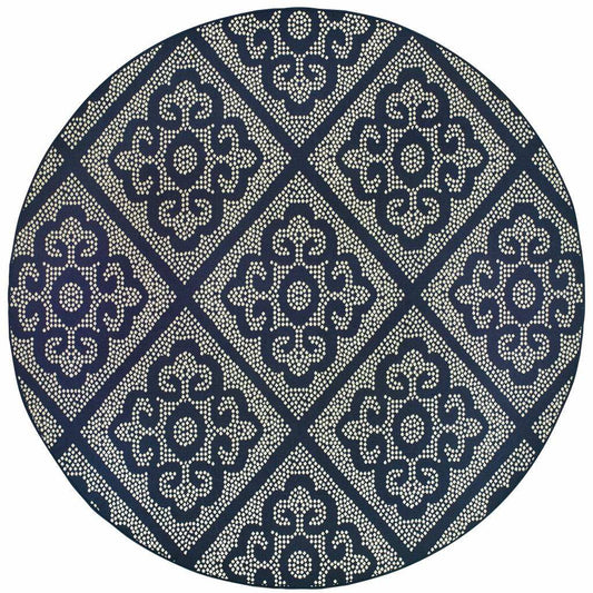 8' X 8' Blue and Ivory Round Geometric Stain Resistant Indoor Outdoor Area Rug - Homeroots - Flyclothing LLC