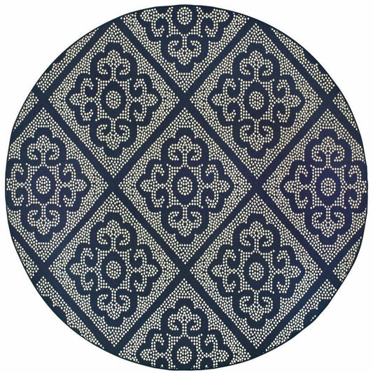 8' X 8' Blue and Ivory Round Geometric Stain Resistant Indoor Outdoor Area Rug - Homeroots - Flyclothing LLC