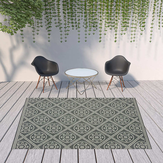 8' X 11' Gray and Ivory Geometric Stain Resistant Indoor Outdoor Area Rug - Homeroots - Flyclothing LLC